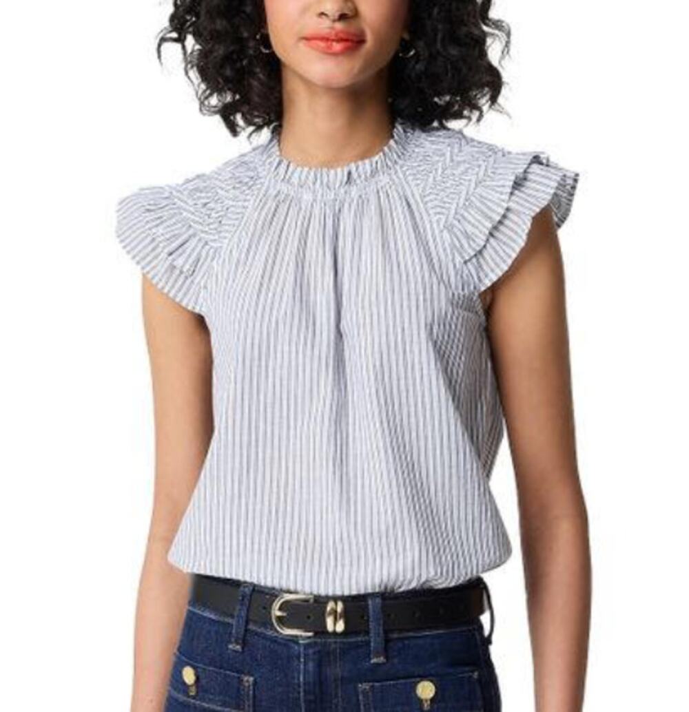 J.Crew Flutter Sleeve Top WMNS S White Blue Striped Ruffled Crewneck Sleeveless